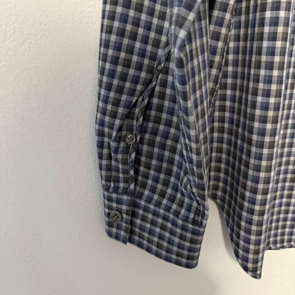 Theory Benner Trimont Men's XL Gingham Button Down Shirt Blue Grey Cotton Plaid - Picture 8 of 16
